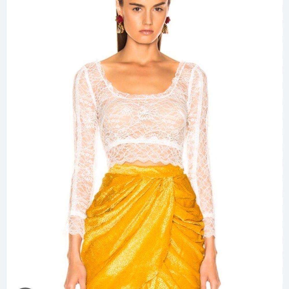 DUNDAS women’s white lace coquette crop top long sleeve sheer delicate floral